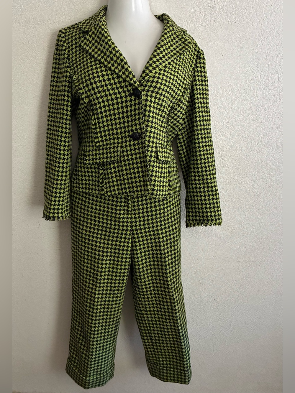 VTG Metro Style Women's Wool Blend Green Houndstooth Blazer and Trousers Set 12